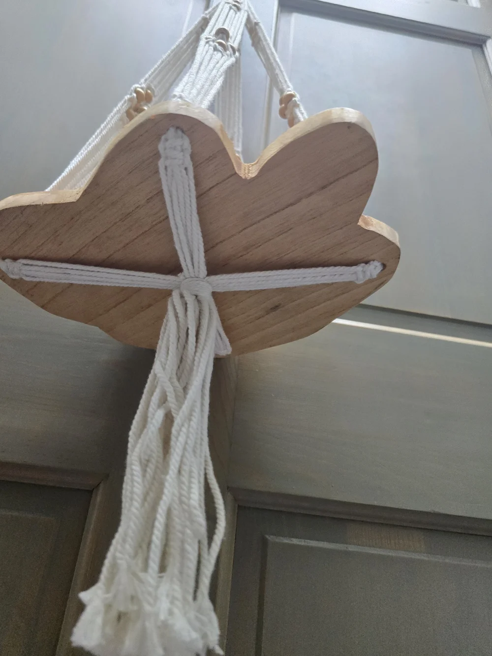 Hanging Macramé Shelf with Wooden Tray - White Cord